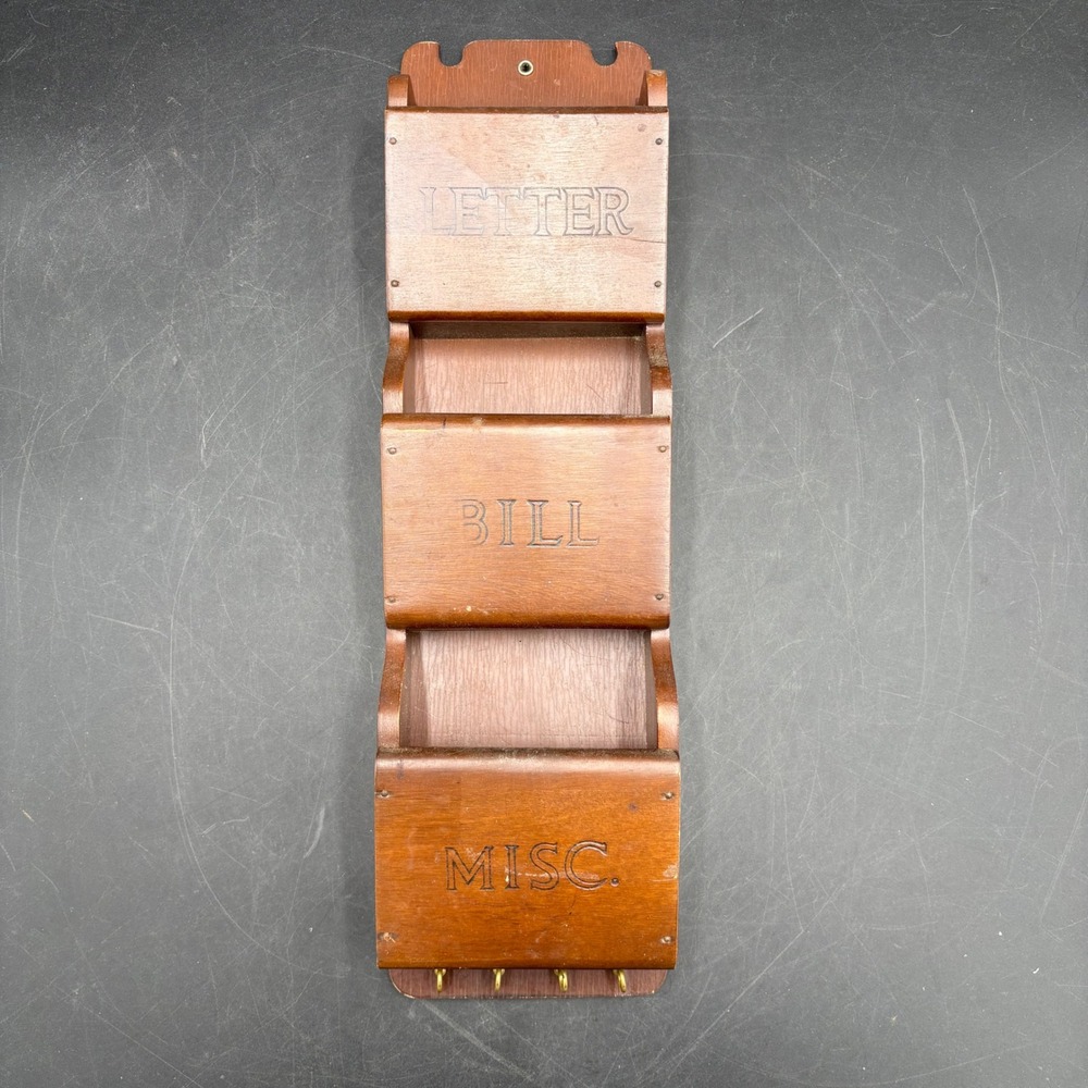 Vintage Wood Wall Mail Organizer 3 Tier Letter Bill Misc Key Holder Rack Brown